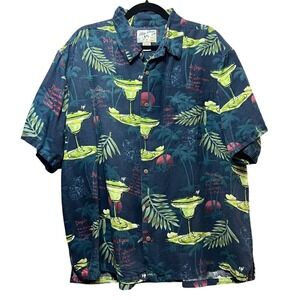 Vintage Big Dogs Hawaiian Shirt Margarita‎ Palm Tree Print Linen Blend 2X Blue